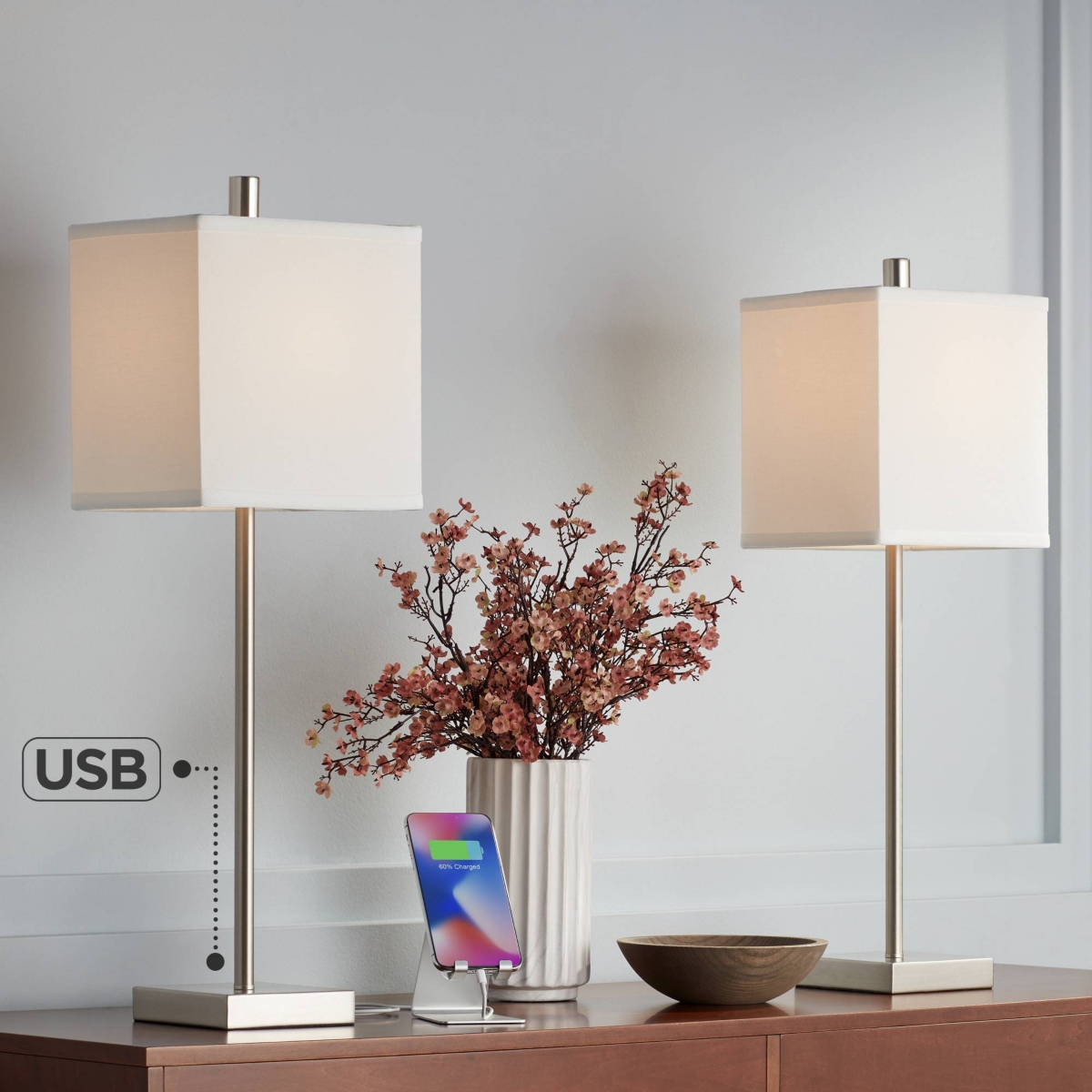 Franco Modern Minimalist Table Lamps High Set of 2 with Usb Charging Ports Brushed Nickel White Square Shade for Living Room Bedroom House Bedsi