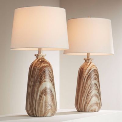 Carlton Modern Table Lamps 28" Tall Set of 2 Swirling Brown Faux Marble White Tapered Drum for Bedroom Living Room Bedside Nightstand