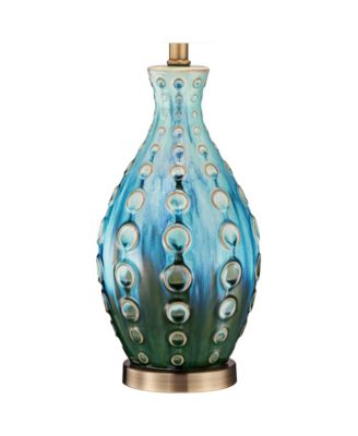 Mid Century Modern Vase-Shaped Table Lamp 26.5" High Textured Glaze Teal Green Hand-Made Ceramic Tan Linen Drum Shade for Living Room Bedroom House Bedside Home (Color May Vary) - 360 Lighting