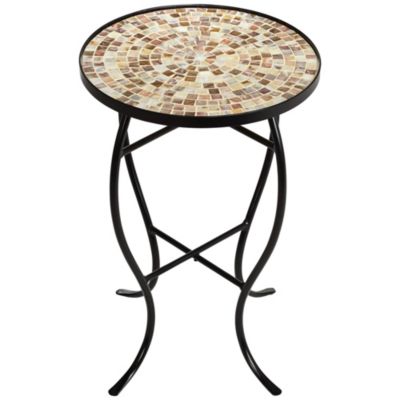 Modern Black Round Outdoor Accent Side Table 14" Wide Natural Mosaic Tabletop for Front Porch Patio Home House