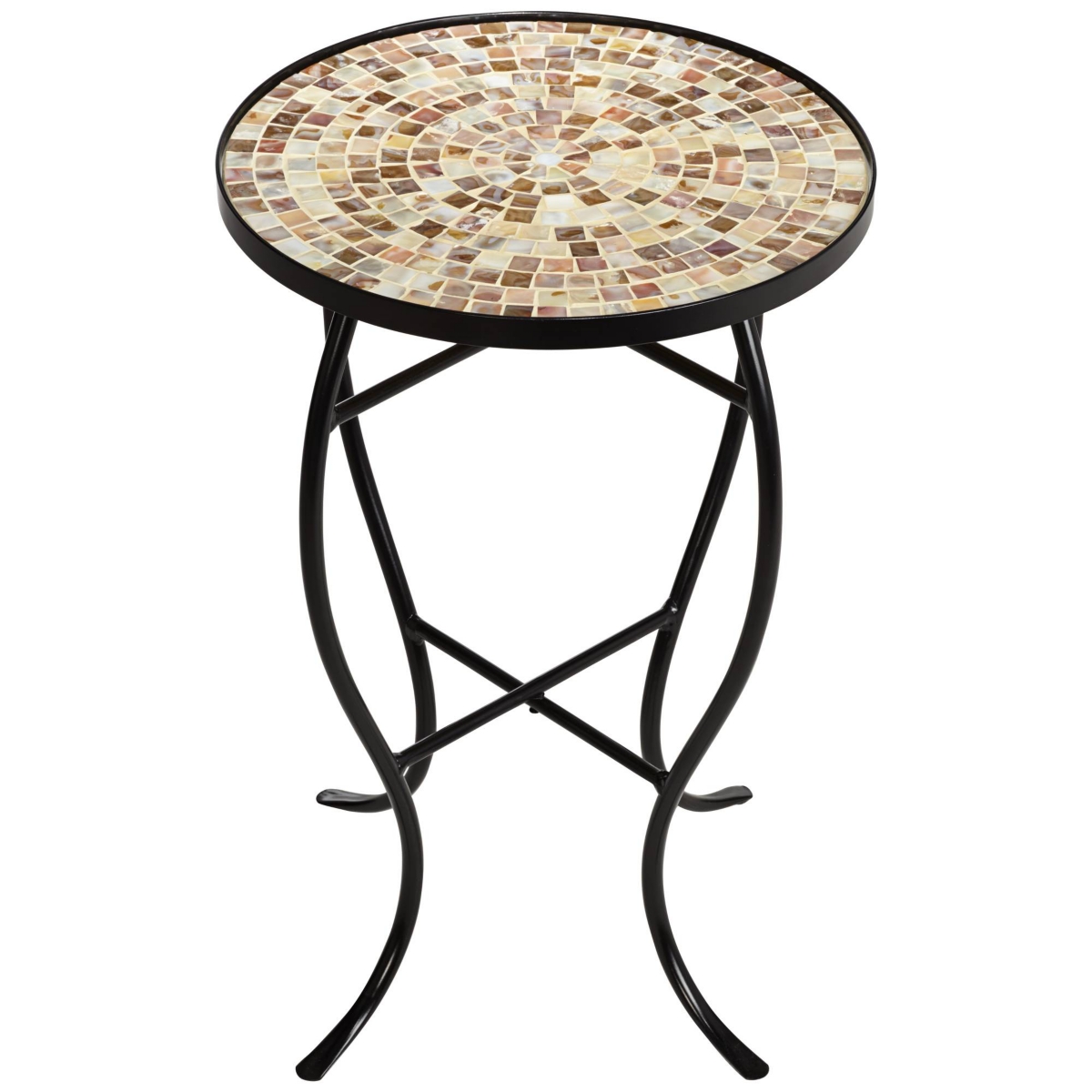 Mother of Pearl Modern Black Metal Round Outdoor Accent Side Table WideMosaic Tile Tabletop Gracefully Curved Legs for Spaces Porch Patio