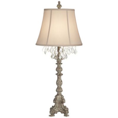 Duval Traditional Table Lamp 34" Tall Distressed Antique White Candlestick Crystal Beige Fabric Bell Shade for Bedroom Living Room Home