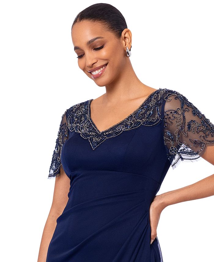 XSCAPE Petite Beaded Scallop-Sleeve Cascading Dress - Macy's