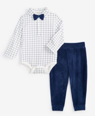 First Impressions - Baby Boys Plaid Bodysuit & Velour Pants Set