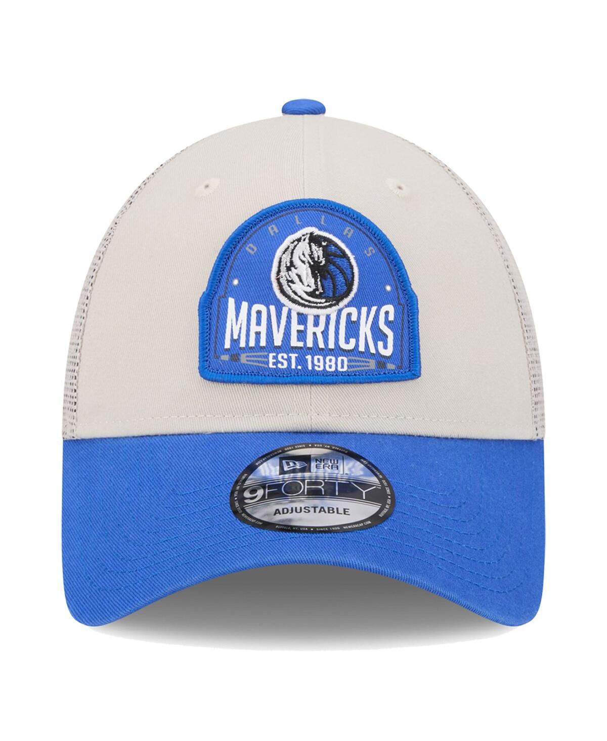 NEW ERA MEN'S KHAKI/BLUE DALLAS MAVERICKS THROWBACK PATCH TRUCKER 9FORTY ADJUSTABLE HAT 