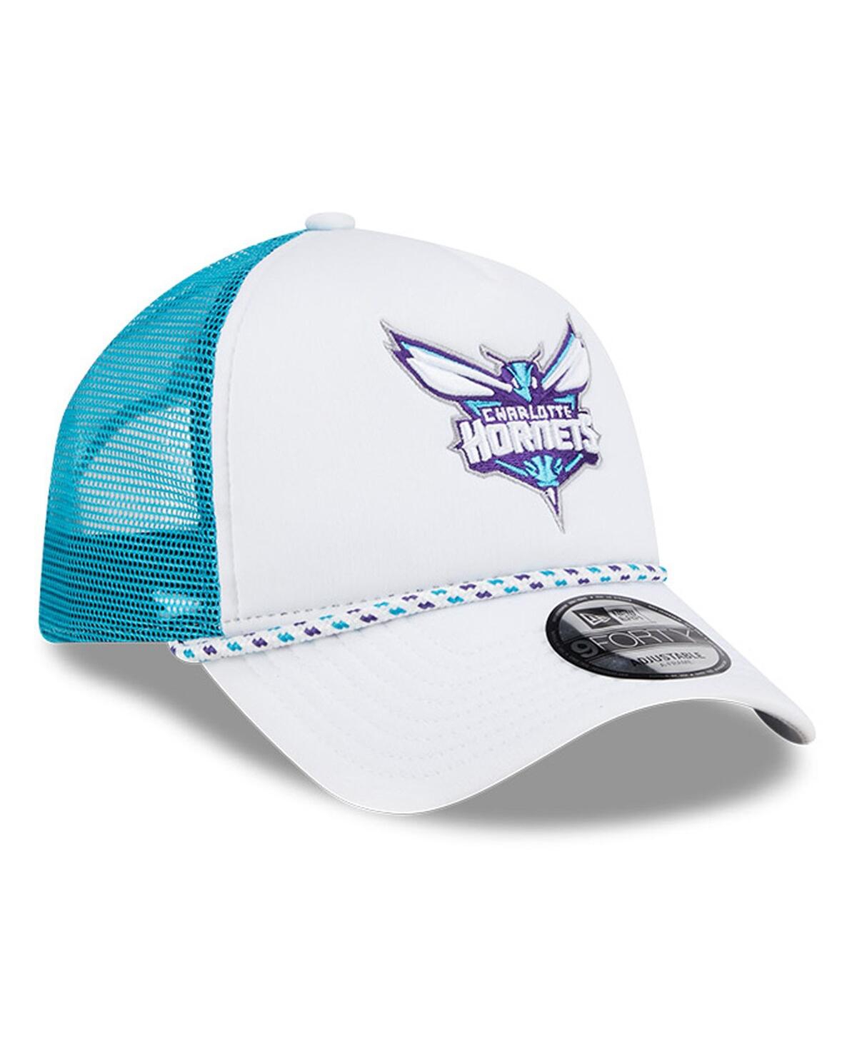 NEW ERA MEN'S WHITE/TEAL CHARLOTTE HORNETS COURT SPORT FOAM A-FRAME 9FORTY ADJUSTABLE TRUCKER HAT 