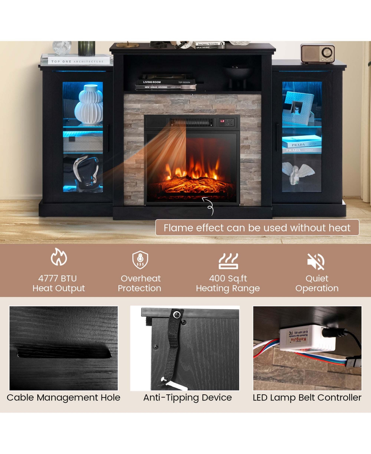 Fireplace Tv Stand with Led Lights & Electric Fireplace For Wall-Mounted Tv