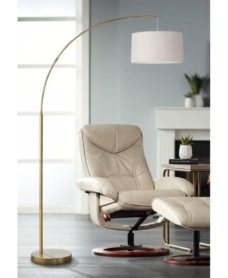 Cora Modern Arc Floor Lamp Standing 72" Tall Brass Metal White Linen Drum Shade Decor for Living Room Reading Bedroom Office House Home