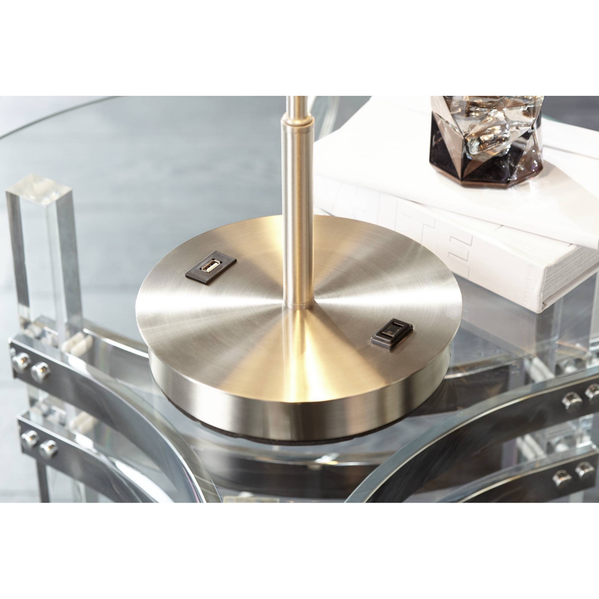 Nikola Modern Accent Table Lamp with Hotel Style Usb and Ac Power Outlet in Base 23.75" High Silver White Drum Shade for Living Room Desk Bedroom Hous