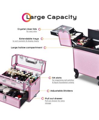 Folding Manicure Nail Table 2in1 Rolling Makeup Train Case Kit Manicure Cosmetic Trolley Travel Organizer Nail Case, Pink