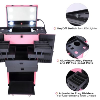 Rolling Makeup Case w/ Lights Mirror Cosmetic Aritist Studio Multi-function Pink