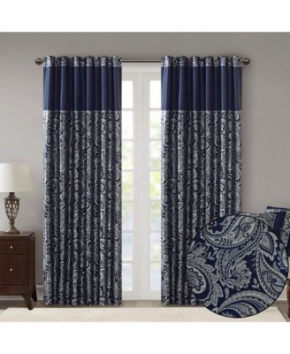 Aubrey Jacquard Room Darkening Curtains, Faux Silk Paisley for Bedroom and Living Room, 84 inch length 2 panels set, Width 50 length 84 inches, Navy Window Panel
