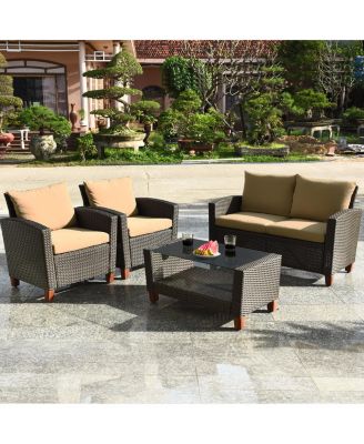 8PCS Patio Rattan Furniture Set Solid Wood Leg Cushioned Sofa Garden Lawn