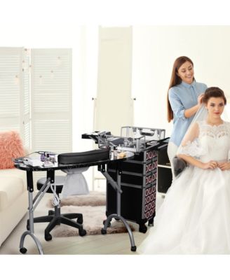 Folding Manicure Nail Table 2in1 Rolling Makeup Train Case Kit Manicure Cosmetic Trolley Travel Organizer Nail Case, Black