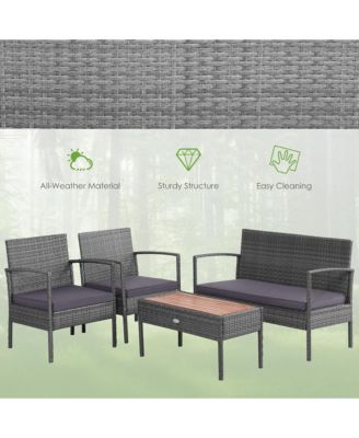 8PCS Patio Rattan Furniture Set Cushioned Chair Wooden Tabletop Gray