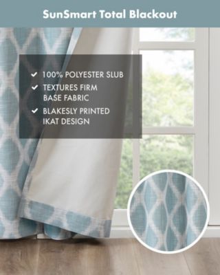 Blakesly Ikat blackout curtains for bedroom, Silver grommet top fit up to 1.25 inches rod Single Curtain Panel for Living Room, Width 50 length 95 inches, Pitch Black Ambiance Aqua Window Panel