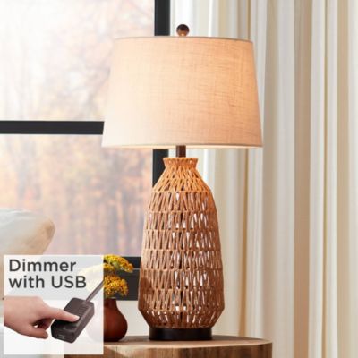 San Carlos Modern Coastal Table Lamp 29" Tall Natural Rattan Wicker with USB Cord Dimmer Oatmeal Fabric Shade for Bedroom Living Room