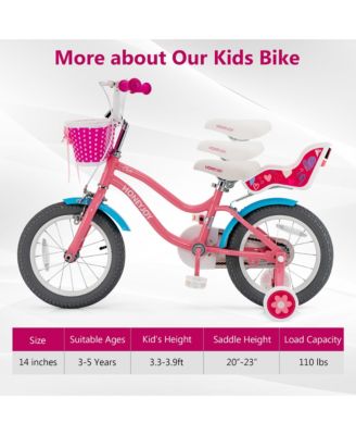 14 Inches Kids Bicycle w/ Doll Chair & Basket Kids Bike w/ Training Wheels Pink