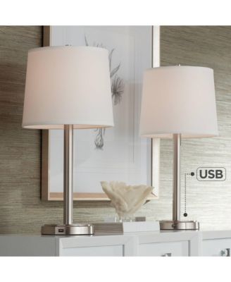 Camile Modern Table Lamps 25" High Set of 2 Brushed Nickel with USB Charging Port Off White Drum Shade for Living Room Office House Desk