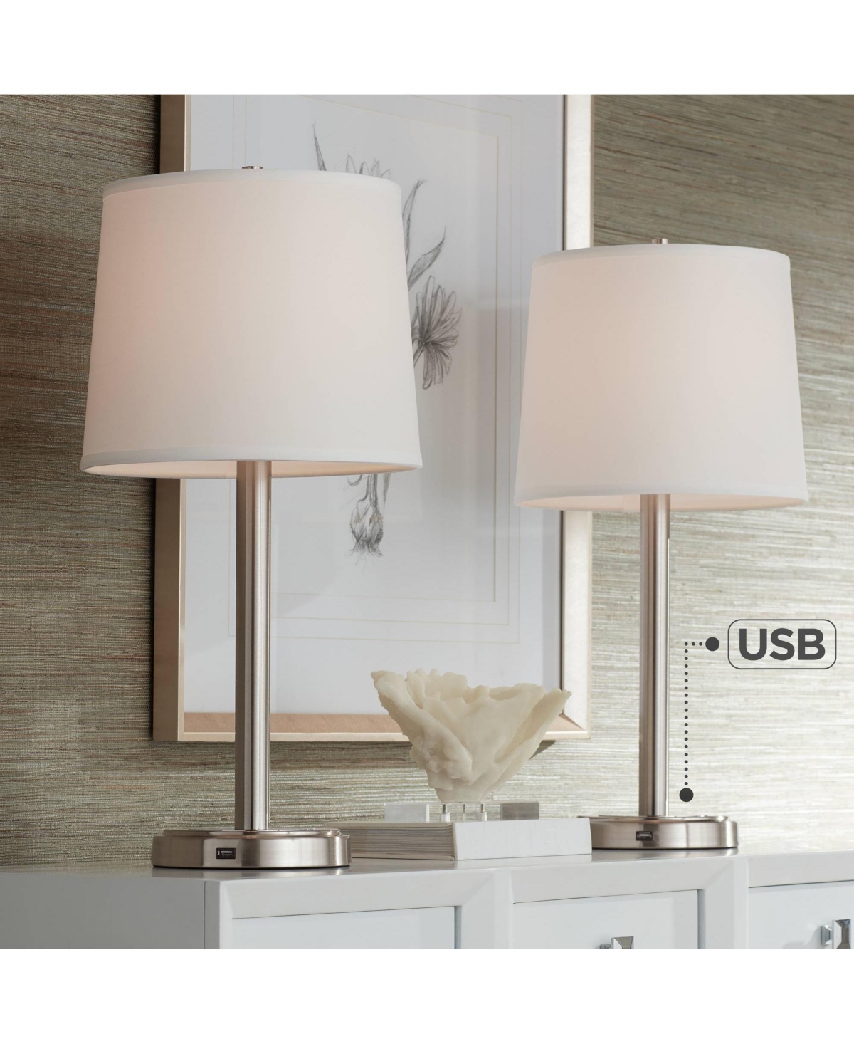 Camile Modern Table Lamps 25" High Set of 2 with Hotel Style Usb Charging Port Brushed Nickel Off White Drum Shade for Living Room Desk Bedroom H