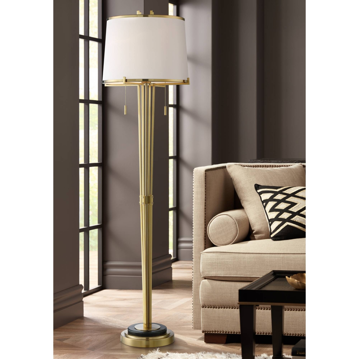 Possini Euro Design Palisade Modern Glam Luxury Style Floor Lamp Standing Tall Satin Brass Metal Off-White Trimmed Fabric Drum Shade Decor for Liv