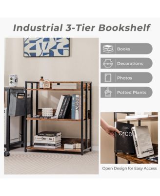 3-Tier Industrial Metal Frame Corner Bookcase with Adjustable Shelves Rustic