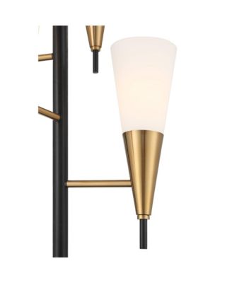Quatro Mid Century Modern Tree Floor Lamp 71" Tall Black Gold Metal 4 Light Frosted Glass Cone Shade for Living Room Bedroom House