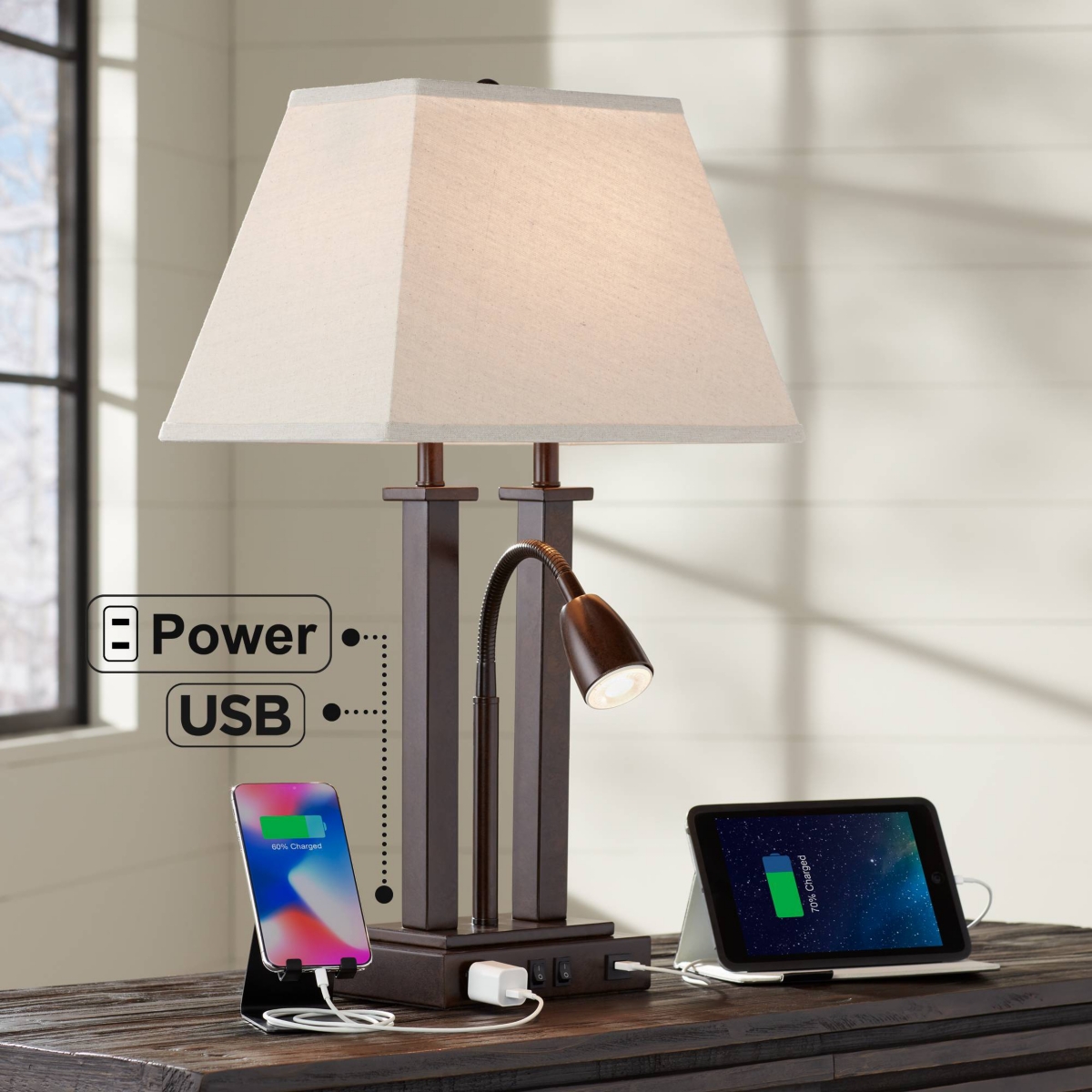 Possini Euro Design Deacon Modern Desk Table Lamp with Usb and Ac Power Outlet in Base Gooseneck Led High Bronze Rectangular Linen Shade for Livin