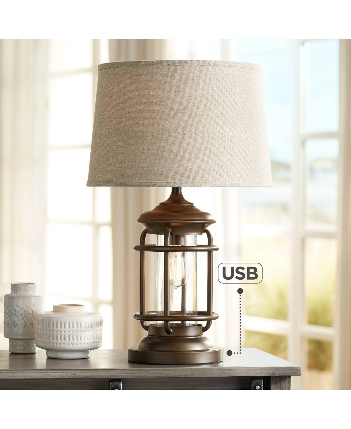 Franklin Iron Works Andreas Industrial Table Lamp 26" High Brown Metal with Nightlight Led and Usb Charging Port Oatmeal Shade for Living Room De