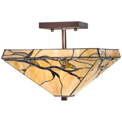 Mission Rustic Ceiling Light Semi Flush Mount Fixture 14" Wide Bronze 2-Light Budding Branch Art Glass Shade for Bedroom Kitchen