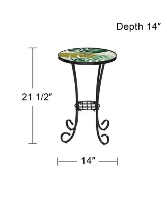 Modern Black Metal Round Outdoor Accent Side Table 14" Wide Green Leaf Mosaic Tabletop for Front Porch Patio Home House