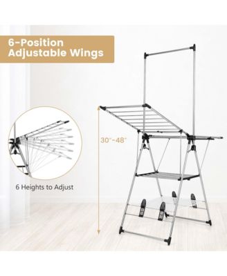 2-Layer Stainless Steel Foldable Drying Rack w/ Hanging Bar & 2 Height-adjustable Wings