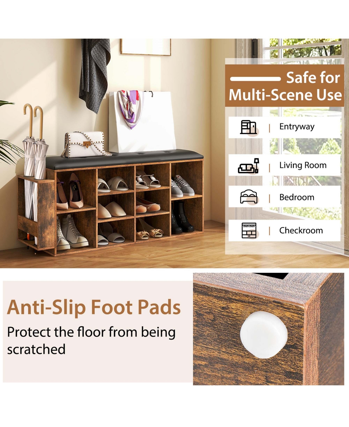 Wooden Shoe Bench 10-Cube Storage Organizer with Padded Cushion & Umbrella Holder