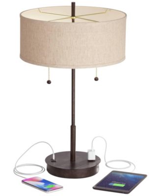 Modern Accent Table Lamp with USB and AC Power Outlet 23 1/2" High Bronze Fabric Drum Shade for Bedroom Living Room House Desk Bedside