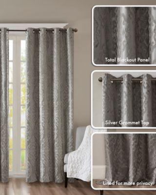 Mirage Knitted Jacquard Damask Total blackout curtains for bedroom, Silver grommet top fit up to 1.25 inches rod Single Curtain Panel for Living Room, Width 50 length 95 inches, Pitch Black Ambiance Charcoal 1 Window Panel