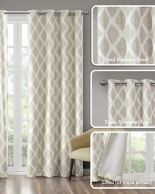 Blakesly Ikat blackout curtains for bedroom, Silver grommet top fit up to 1.25 inches rod Single Curtain Panel for Living Room, Width 50 length 95 inches, Pitch Black Ambiance Taupe Window Panel