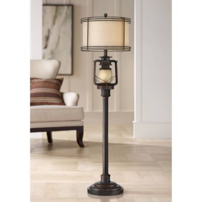 Henson Industrial Floor Lamp 63" Tall Bronze with LED Nightlight Earthy Fabric Drum Shade for Living Room Bedroom Office House Home