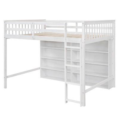 Full Size Loft Bed With 8 Open Storage Shelves And Builtin Ladder