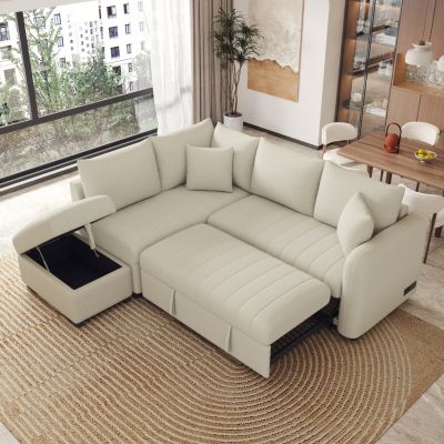 L-Shaped Sofa Bed with USB, Ottoman & Pullout Bed