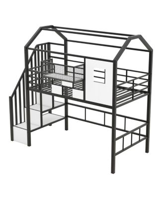 Metal Loft Bed With Roof Design And A Storage Box, Twin