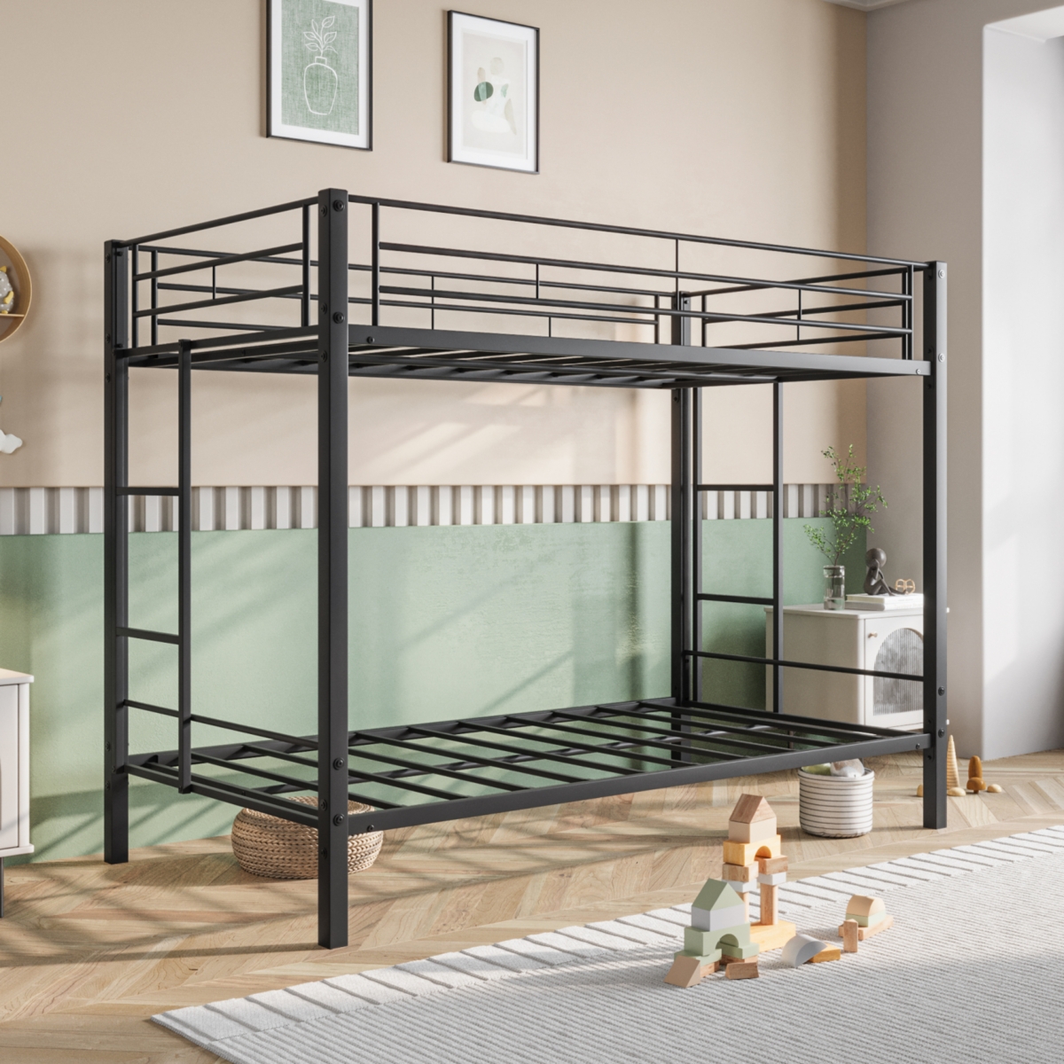 Simplie Fun Heavy Duty Twin Over Twin Metal Bunk Bed with Shelf