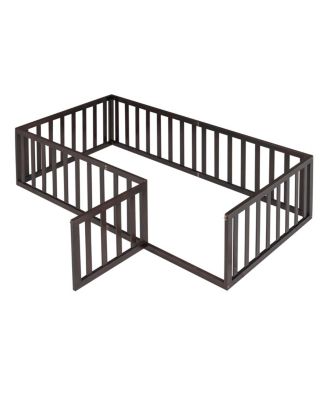 Twin Size Wood Floor Bed Frame With Fence And Door, Walnut