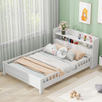 Wood Full Size Platform Bed With Built-In LED Light, Storage Headboard And Guardrail, White