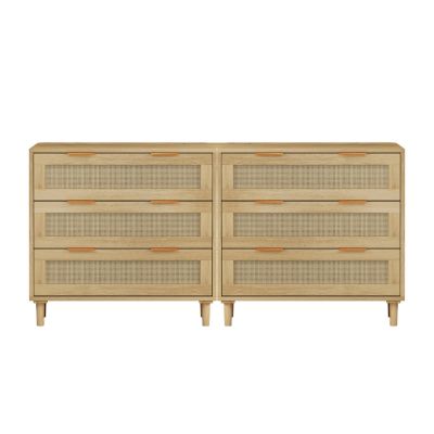 Modern 3-Drawer Oak Rattan Storage Cabinet (Set of 2)