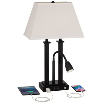 Deacon Modern Desk Table Lamp 26" High Black with USB and AC Power Outlet in Base LED Reading Light Oatmeal Shade for Office Desk