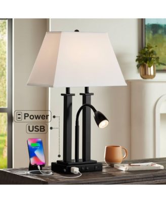 Deacon Modern Desk Table Lamp 26" High Black with USB and AC Power Outlet in Base LED Reading Light Oatmeal Shade for Office Desk
