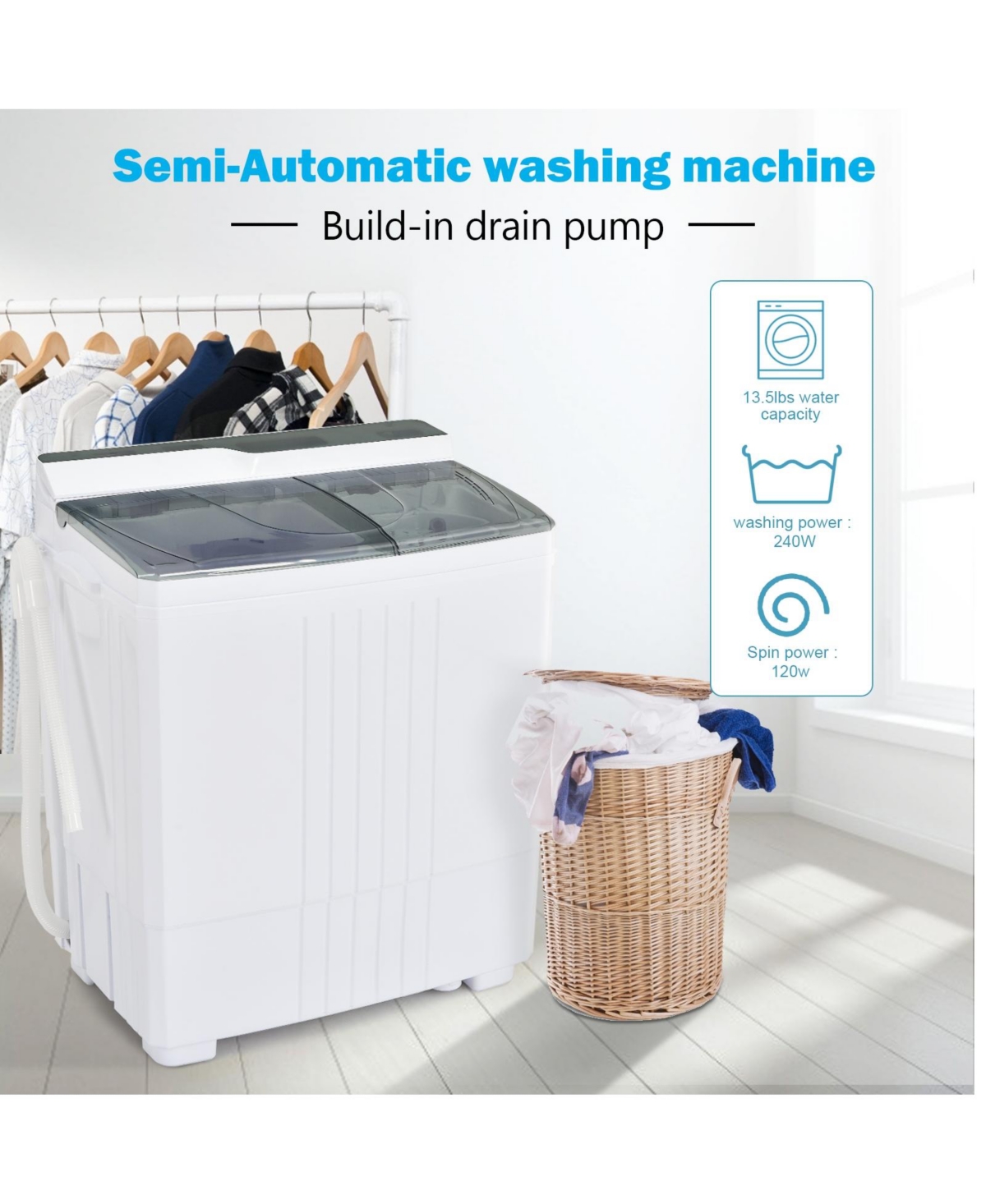 Slickblue Twin Tub Portable Washing Machine with Timer Control and Drain Pump for Apartment- Grey, White