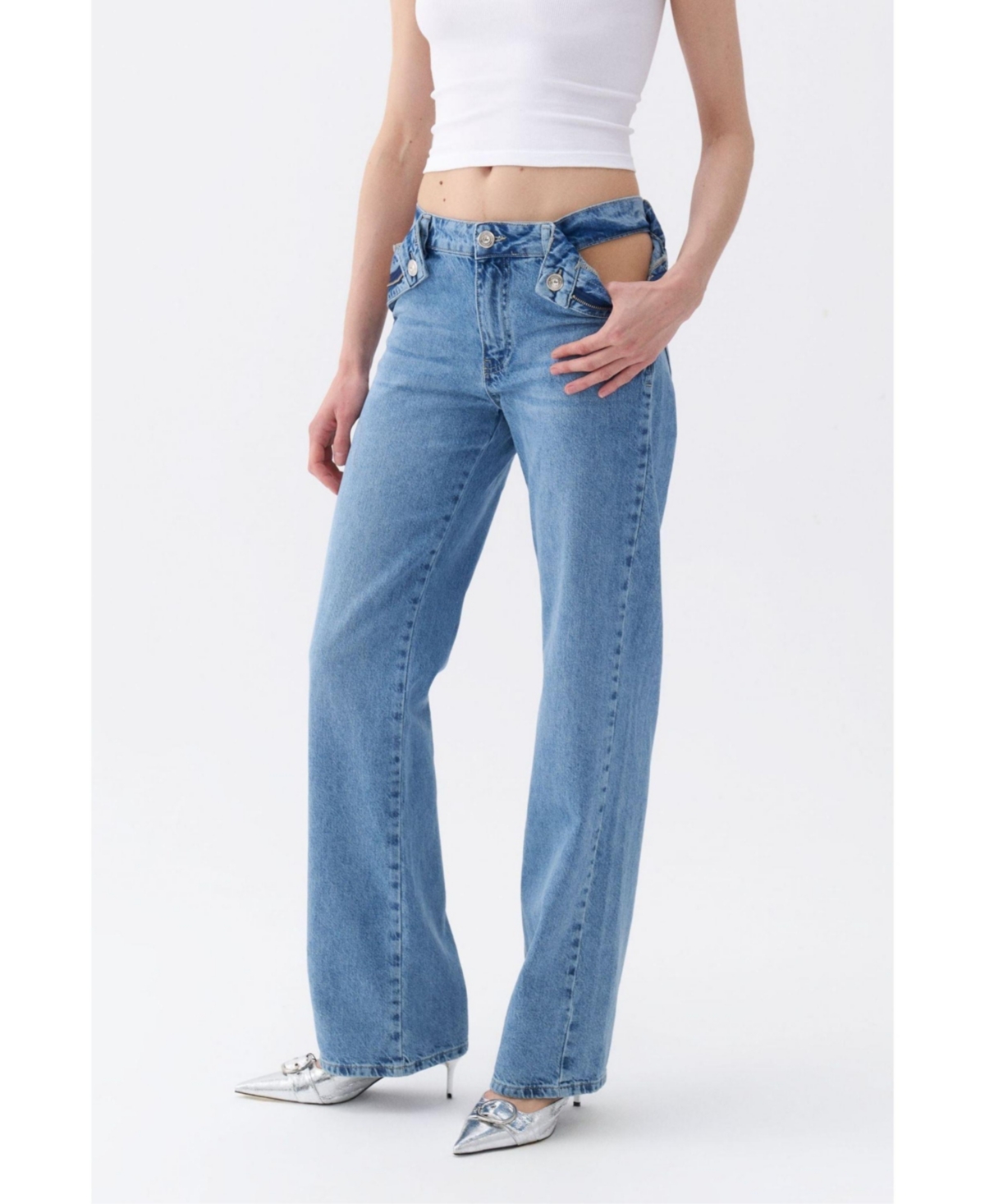 Women's Cut-Out Detailed High Waist Jeans - Indigo blue