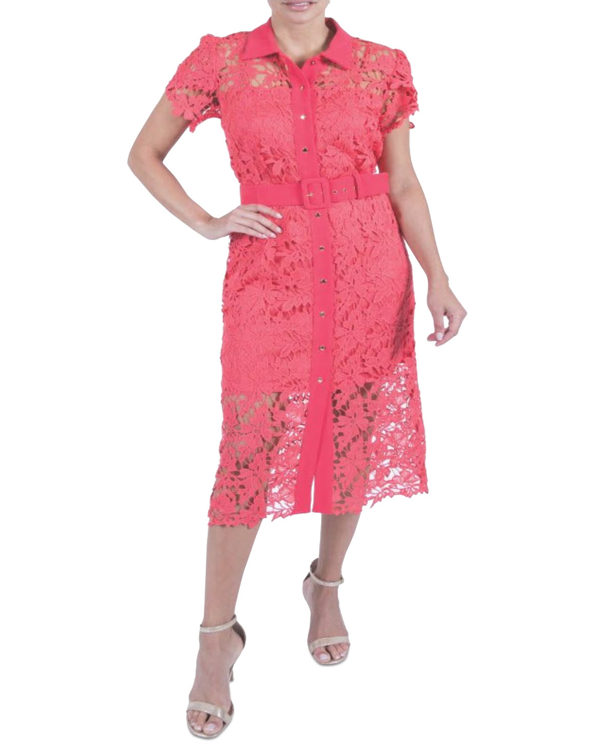 Women's Lace Midi Shirtdress - Coral