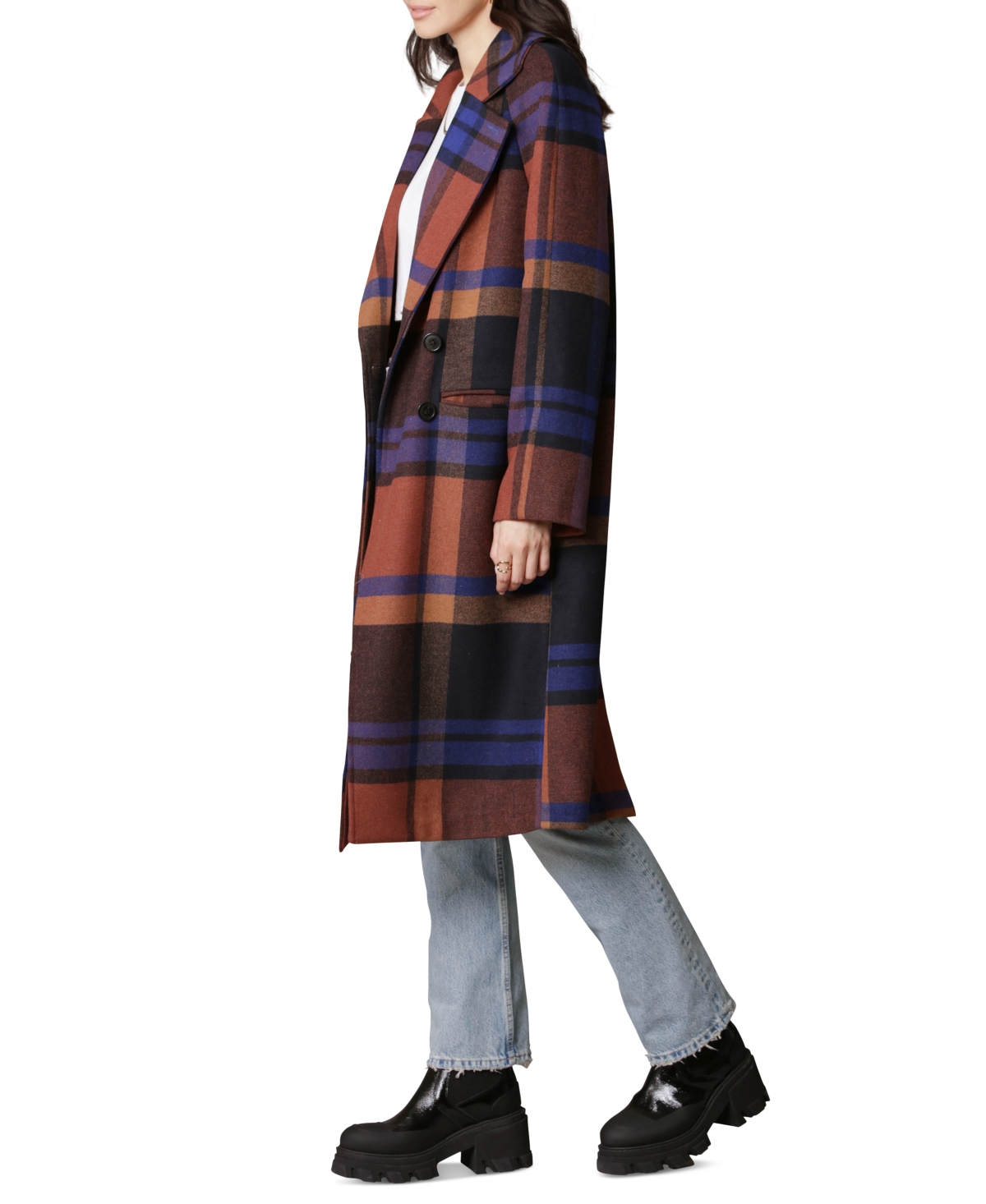 Avec Les Filles Women's Double-Breasted Walker Coat -Rust Plaid